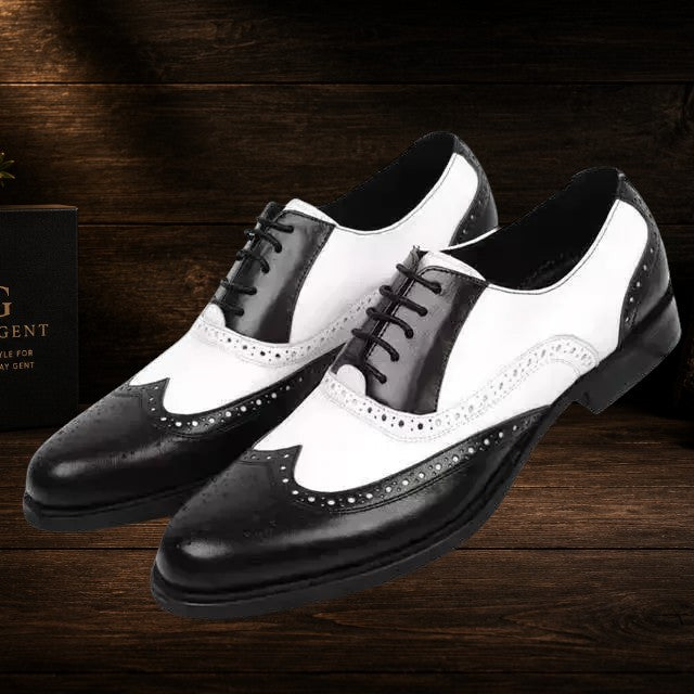 Daily Gent men's black and white leather brogue dress shoes with baroque detailing and lace-up closure.