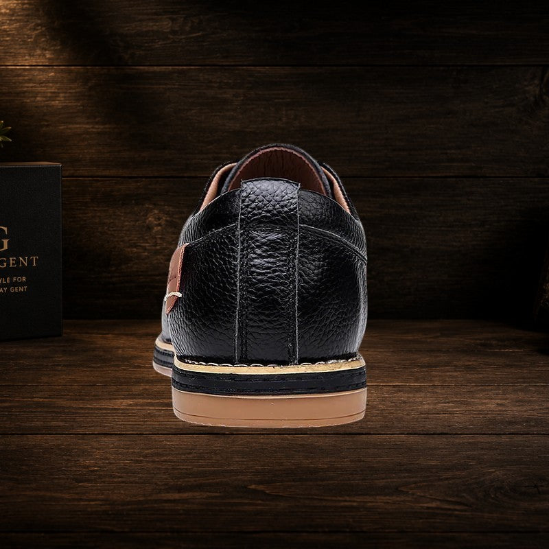 Daily Gent men's black genuine leather brogue Oxford loafers with tan accent.