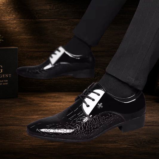Daily Gent black patent leather pointed toe Oxford shoes with embossed detailing and lace-up closure.