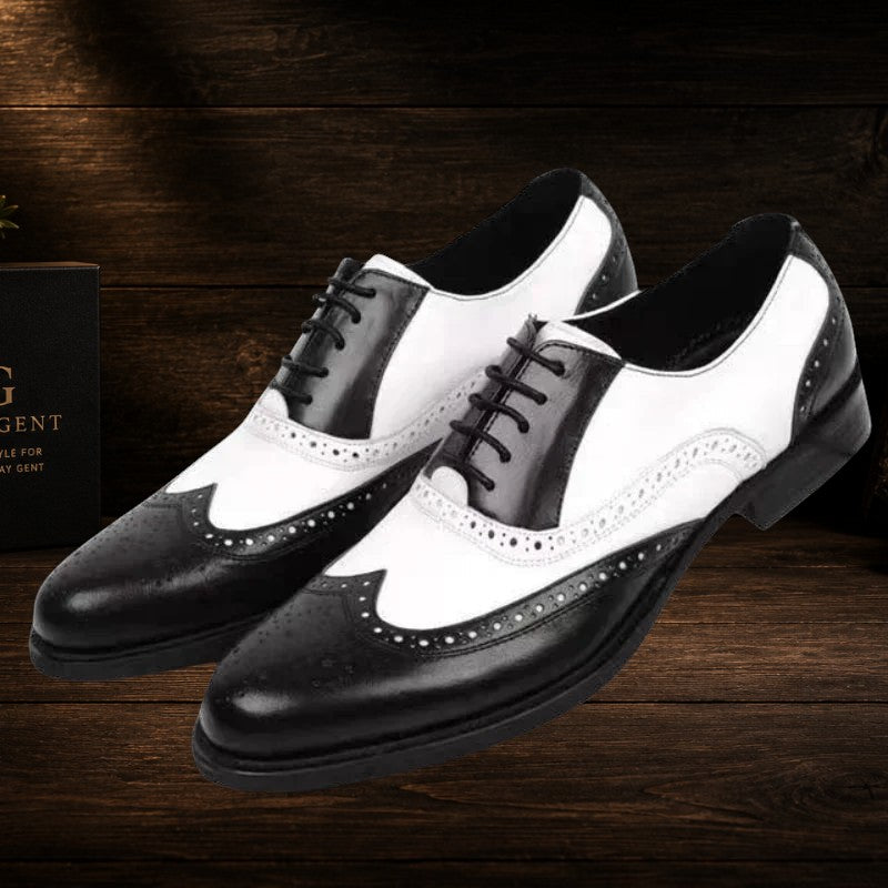 Daily Gent men's two-tone black and white leather wingtip dress shoes with brogue detailing.