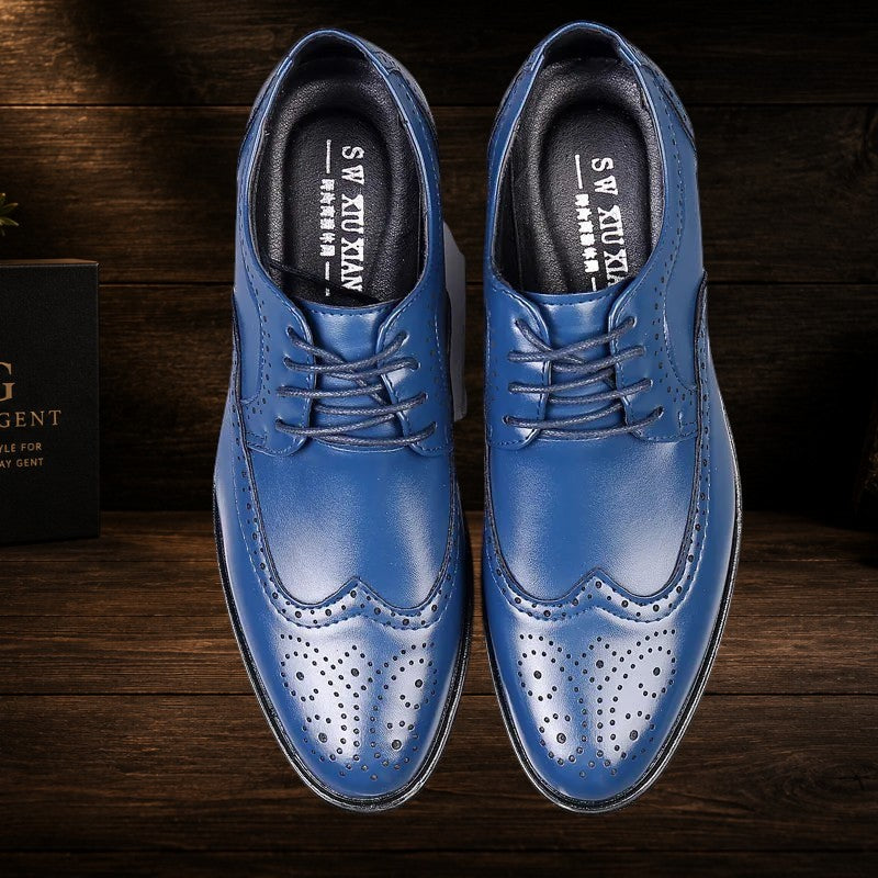 Daily Gent blue calfskin leather brogue Oxford shoes with traditional broguing and lace-up closure.