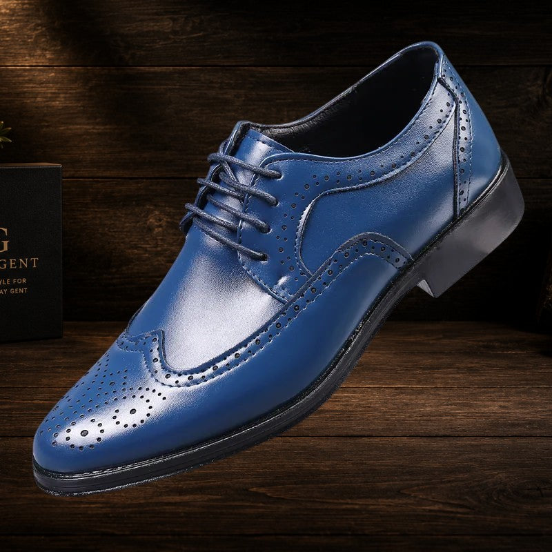 Daily Gent blue calfskin leather brogue Oxford shoes with traditional perforations and lace-up closure.