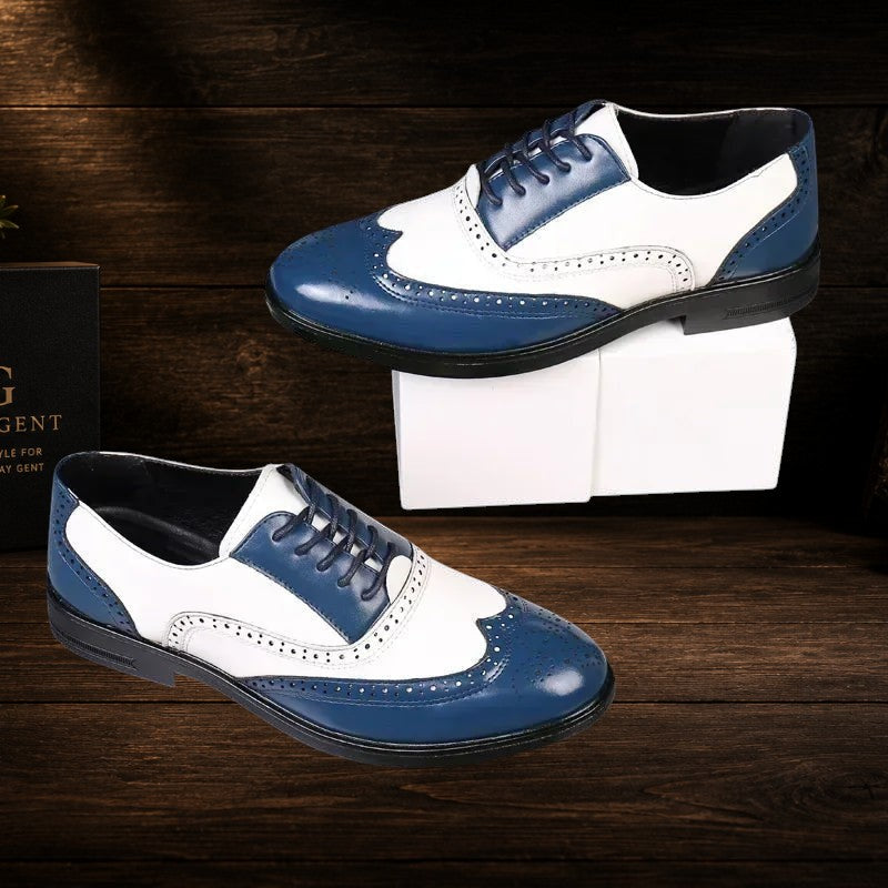 Daily Gent men's blue and white leather baroque dress shoes with brogue detailing.