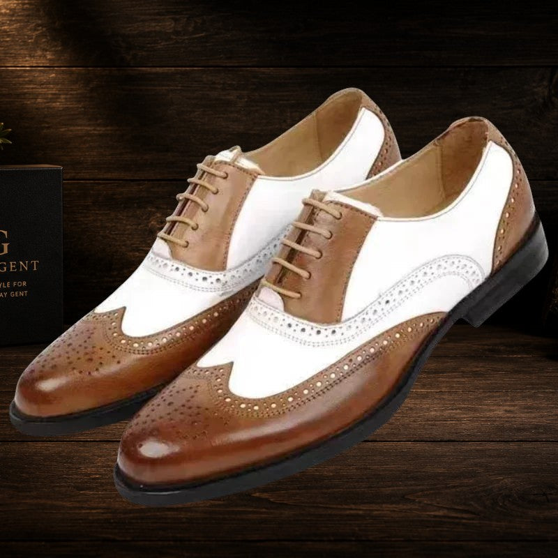 Daily Gent men's brown and white leather brogue dress shoes with baroque detailing and lace-up closure.