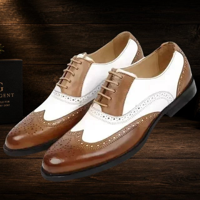 Daily Gent men's two-tone brown and white leather wingtip dress shoes with brogue detailing.