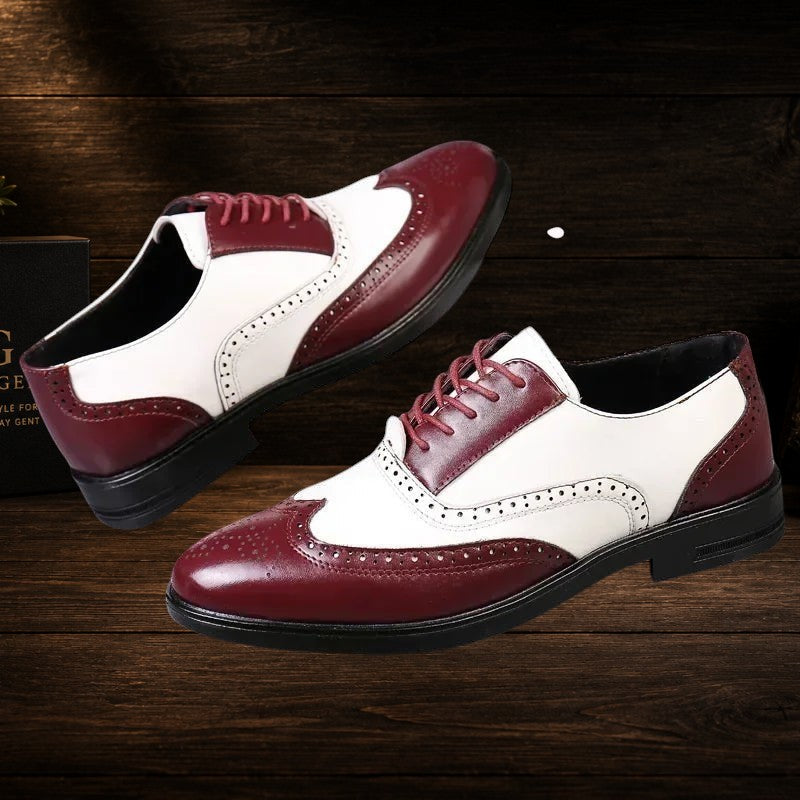 Daily Gent men's two-tone burgundy and white leather wingtip dress shoes with brogue detailing.