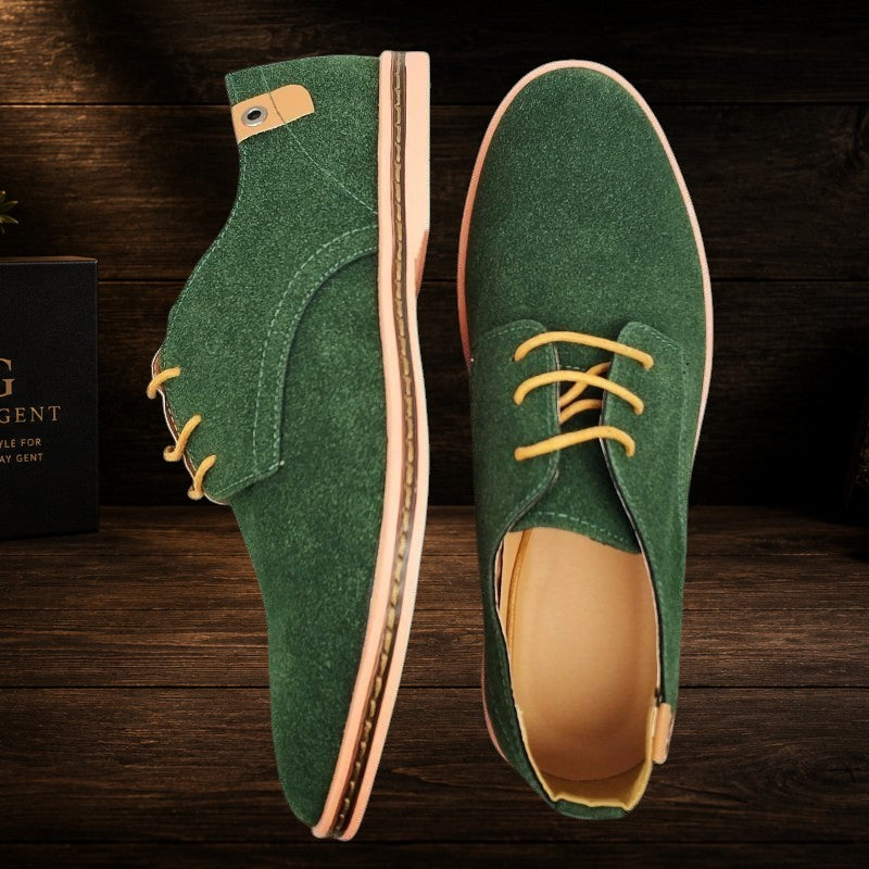 Daily Gent Kensington green suede leather Oxford dress shoes with yellow laces and tan sole.