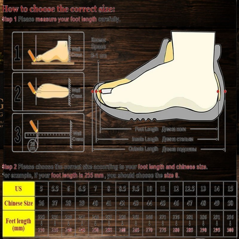Daily Gent men's genuine leather brogue Oxford loafers size chart with foot measurement guide.