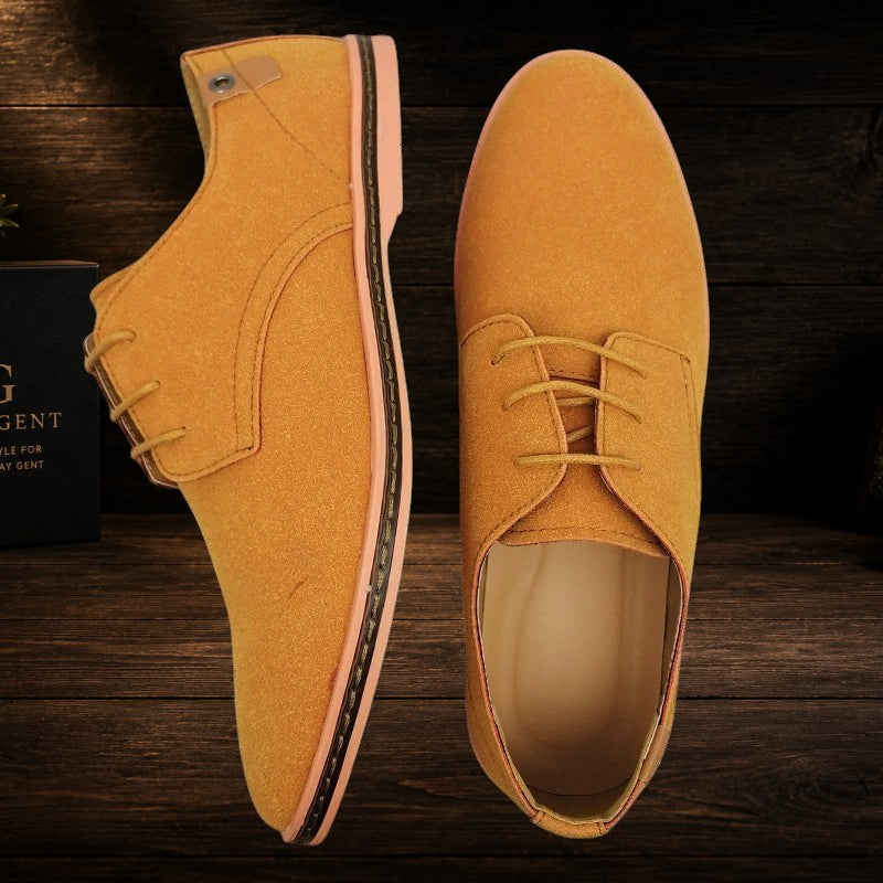 Daily Gent men's mustard yellow suede leather Oxford dress shoes with lace-up closure and cushioned insole.