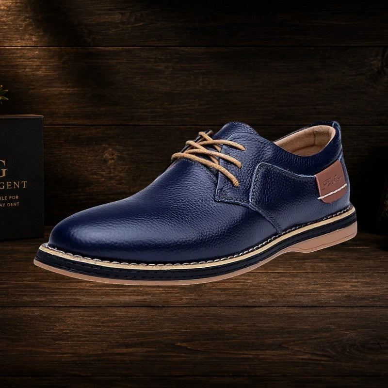 Daily Gent men's navy blue genuine leather brogue Oxford loafers with tan laces and cushioned insole.