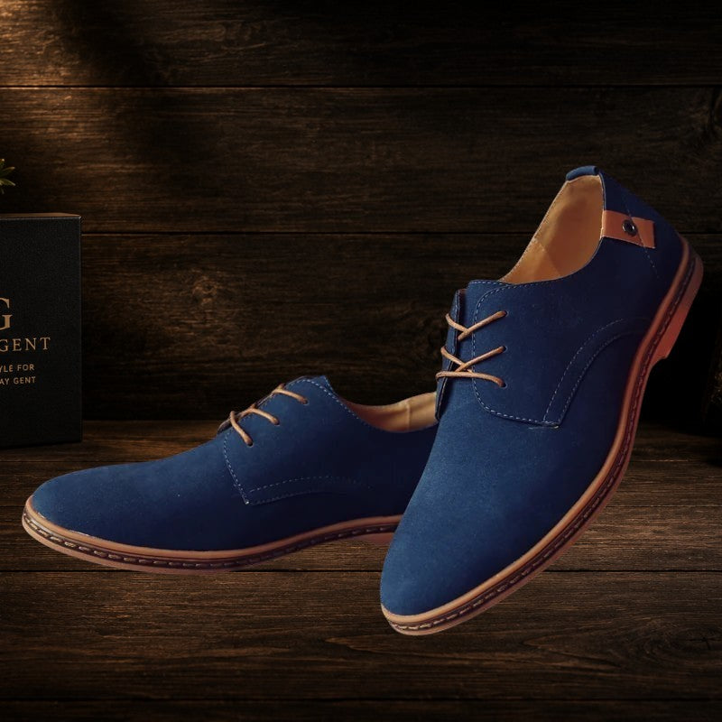 Daily Gent Kensington navy blue suede leather Oxford dress shoes with tan laces and sole detail.