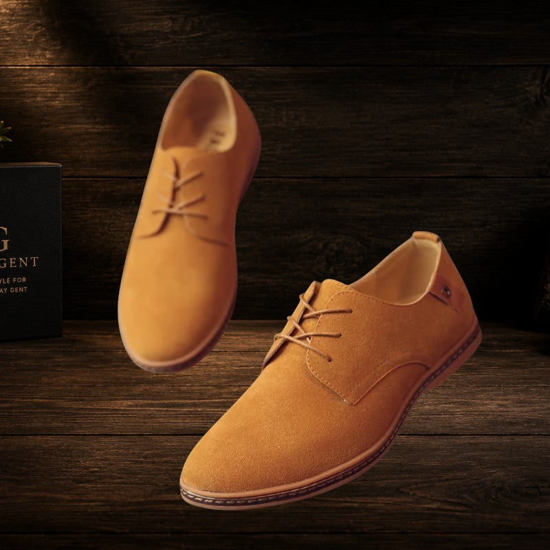Daily Gent men's tan suede leather Oxford dress shoes with lace-up closure and cushioned insole.